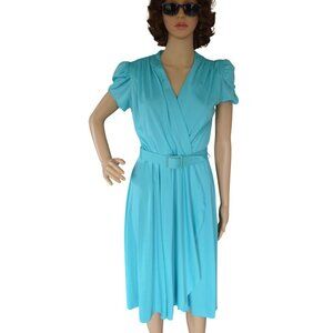 Vintage 90s Alison Peters Robins Egg Blue Belted Faux Wrap Dress Womens Size Sma